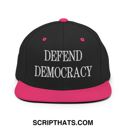Defend Democracy Embroidered Flat Bill Brim Snapback Hat Black Neon Pink