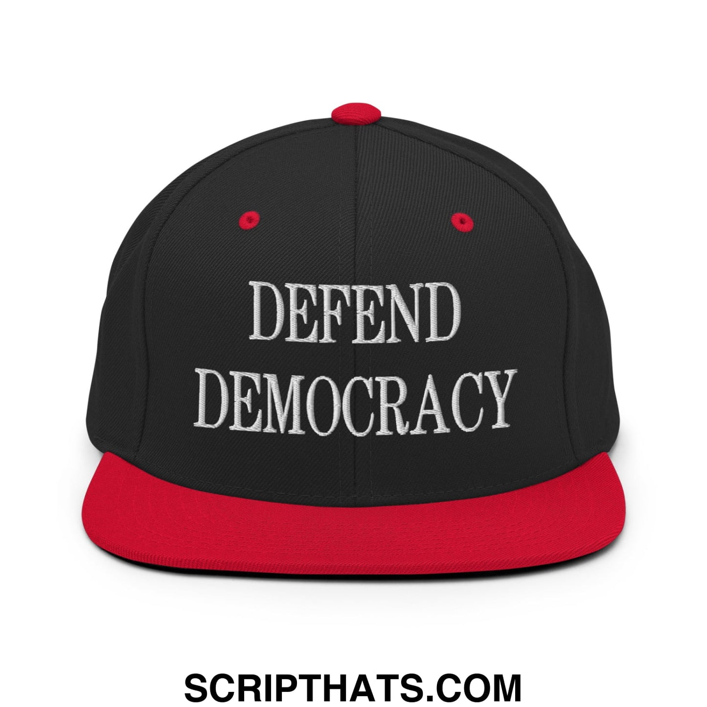 Defend Democracy Embroidered Flat Bill Brim Snapback Hat Black Red