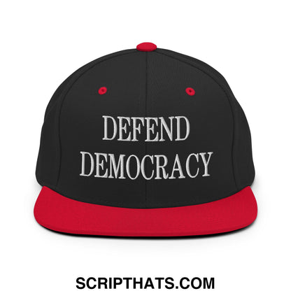 Defend Democracy Embroidered Flat Bill Brim Snapback Hat Black Red