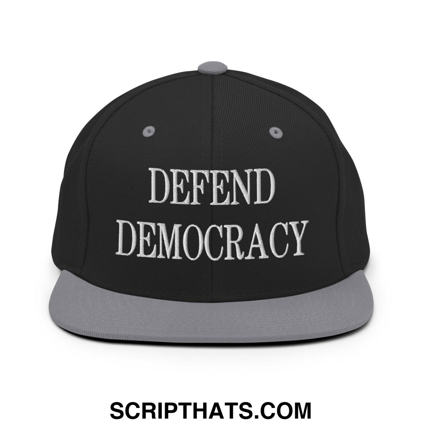 Defend Democracy Embroidered Flat Bill Brim Snapback Hat Black Silver