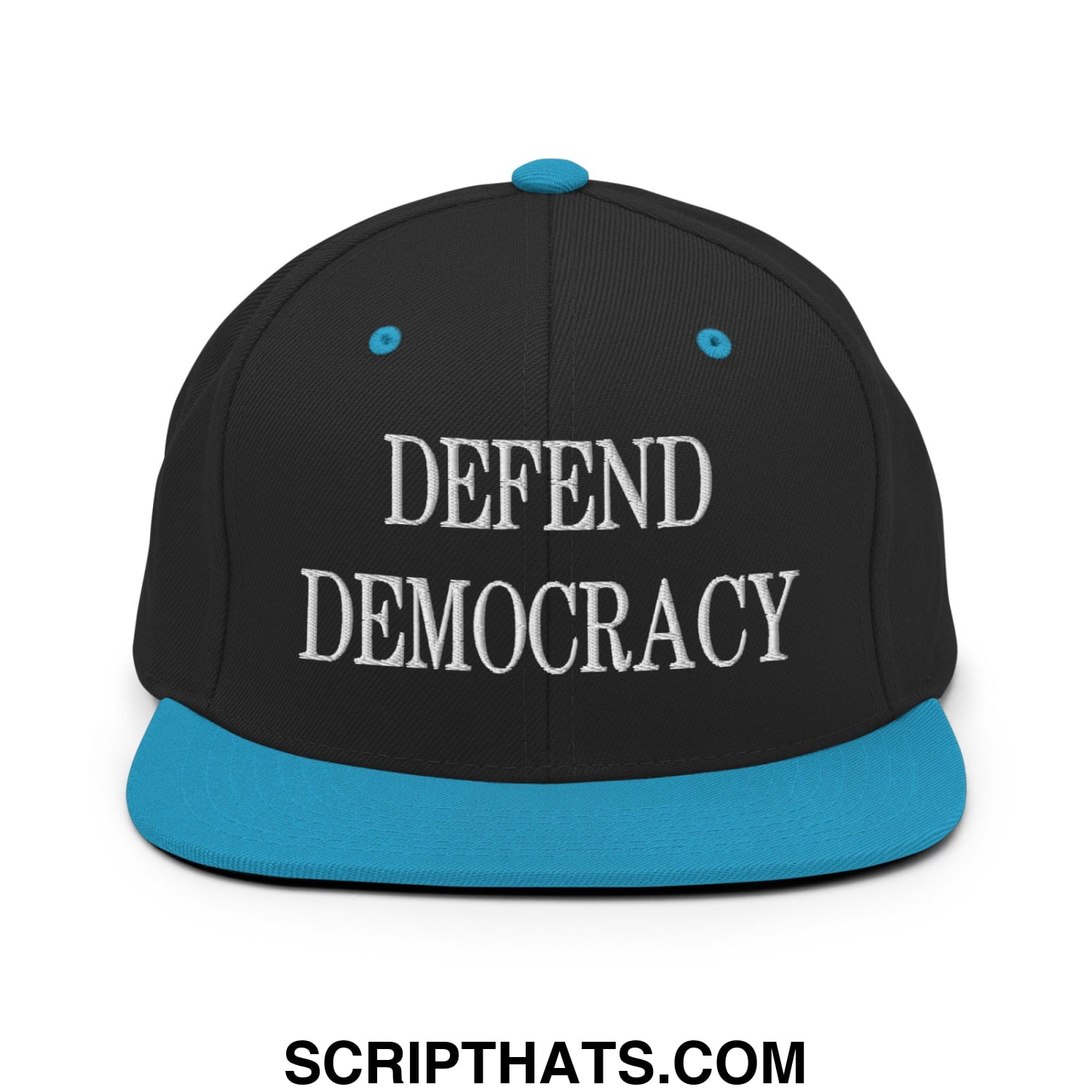 Defend Democracy Embroidered Flat Bill Brim Snapback Hat Black Teal