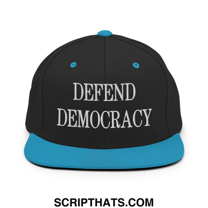 Defend Democracy Embroidered Flat Bill Brim Snapback Hat Black Teal