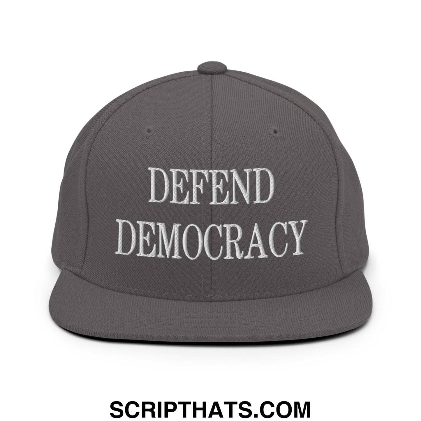 Defend Democracy Embroidered Flat Bill Brim Snapback Hat Dark Grey