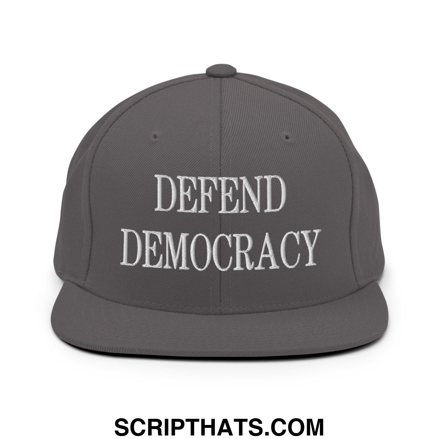 Defend Democracy Embroidered Flat Bill Brim Snapback Hat Dark Grey