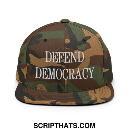 Defend Democracy Embroidered Flat Bill Brim Snapback Hat Green Camo