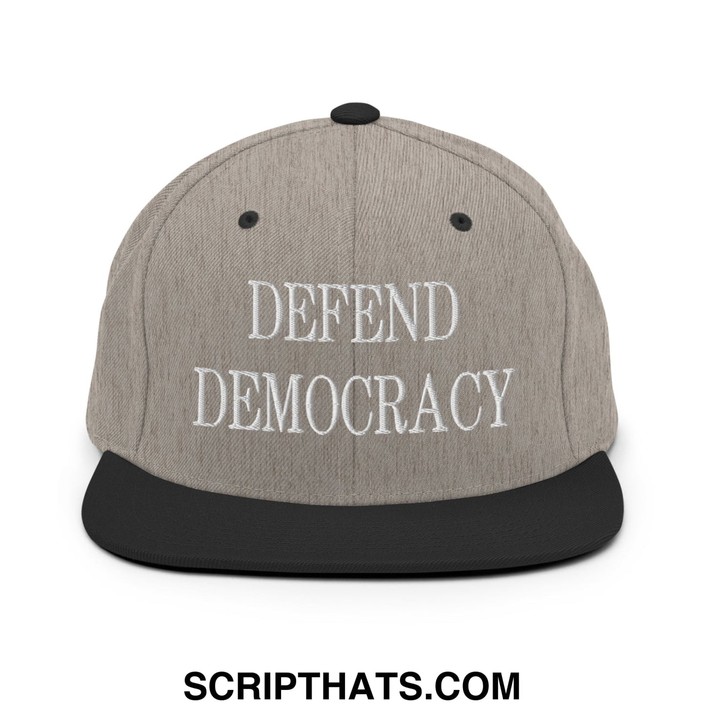 Defend Democracy Embroidered Flat Bill Brim Snapback Hat Heather Black