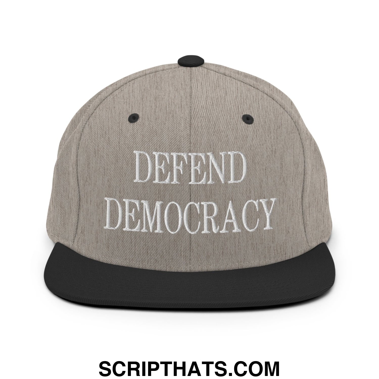 Defend Democracy Embroidered Flat Bill Brim Snapback Hat Heather Black