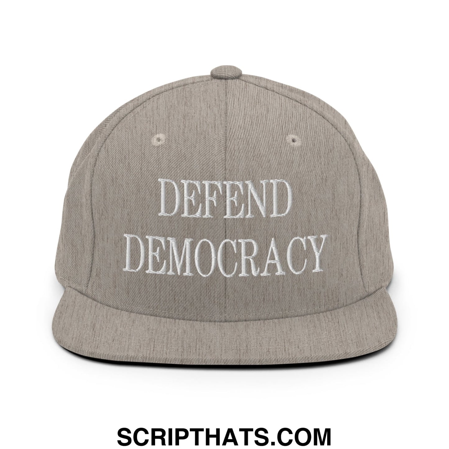 Defend Democracy Embroidered Flat Bill Brim Snapback Hat Heather Grey