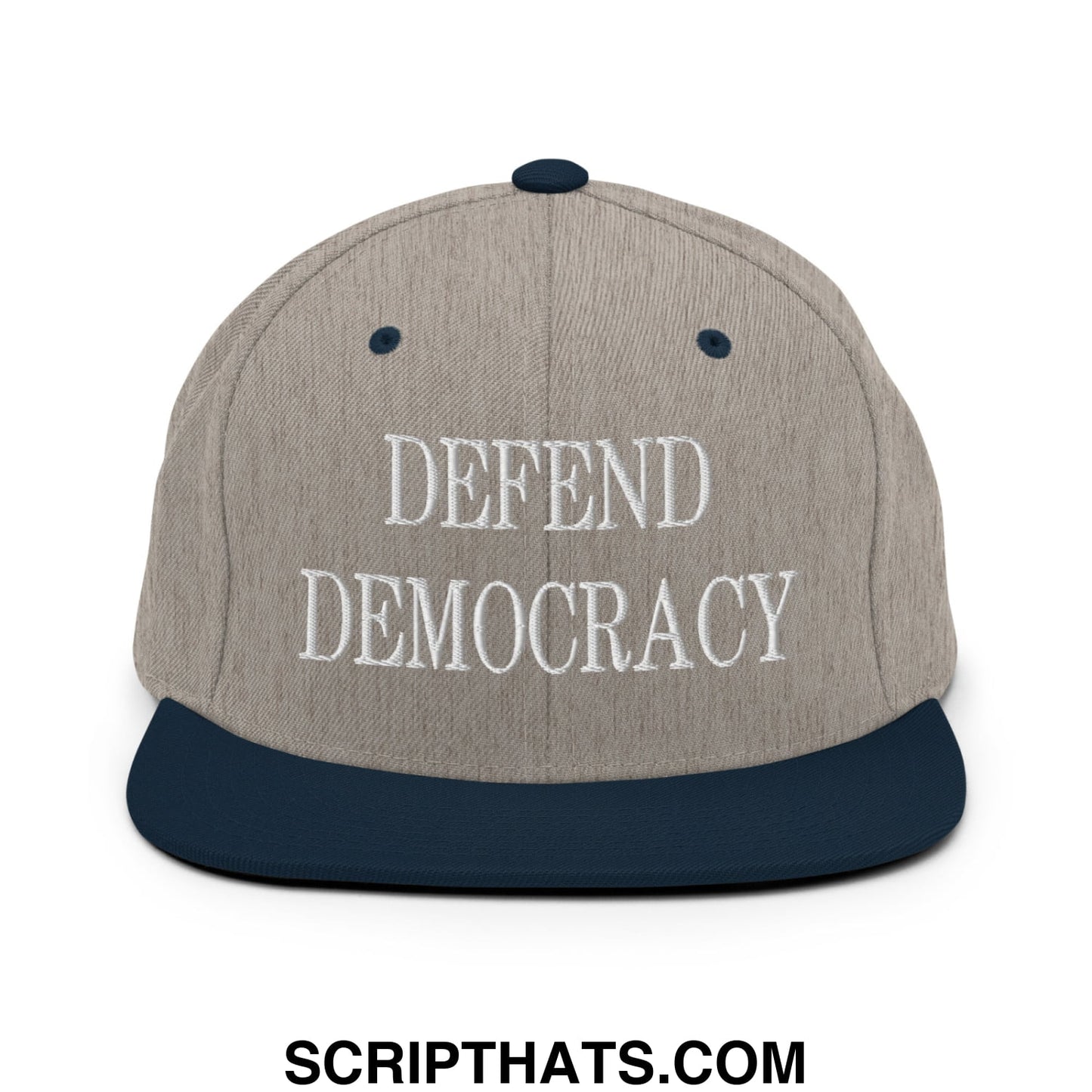 Defend Democracy Embroidered Flat Bill Brim Snapback Hat Heather Grey Navy