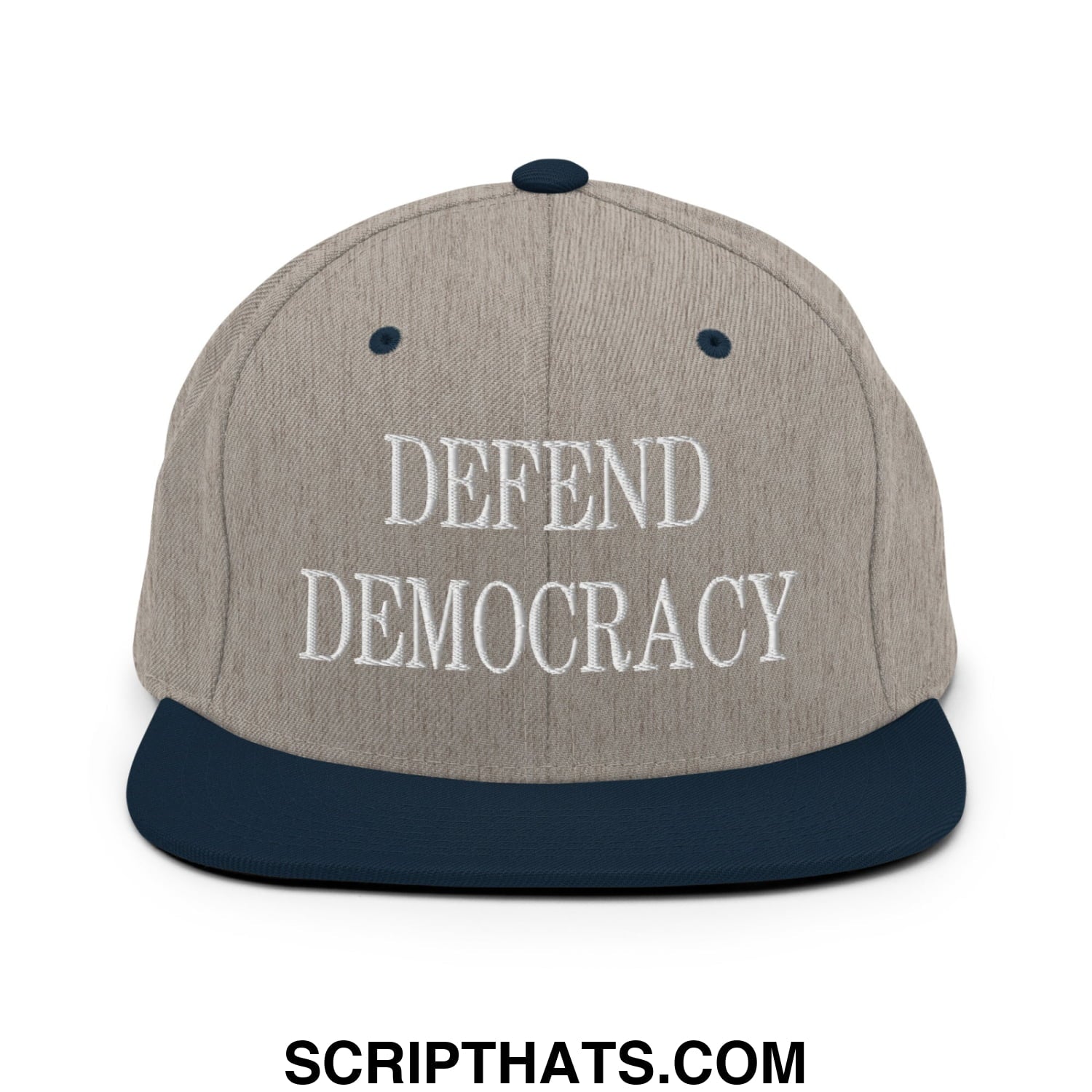 Defend Democracy Embroidered Flat Bill Brim Snapback Hat Heather Grey Navy