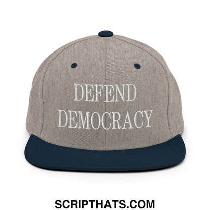 Defend Democracy Embroidered Flat Bill Brim Snapback Hat Heather Grey Navy