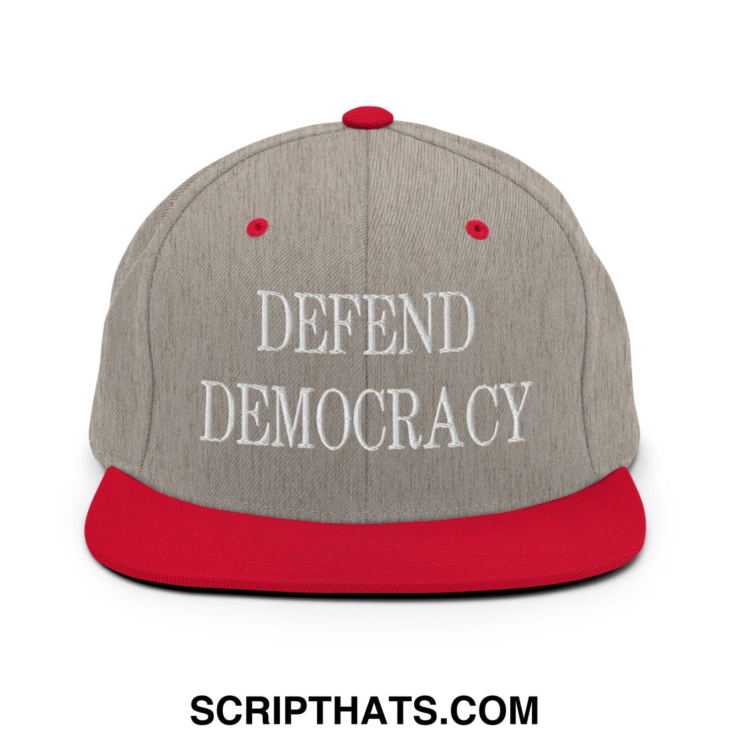 Defend Democracy Embroidered Flat Bill Brim Snapback Hat Heather Grey Red
