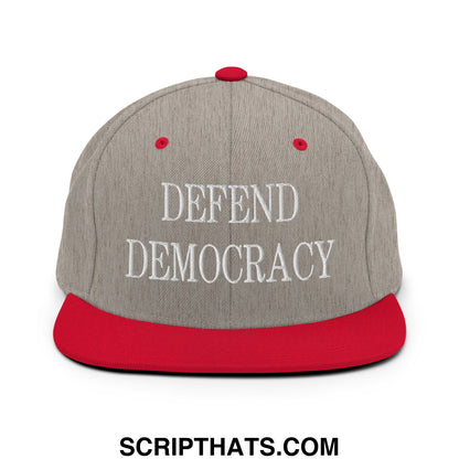 Defend Democracy Embroidered Flat Bill Brim Snapback Hat Heather Grey Red