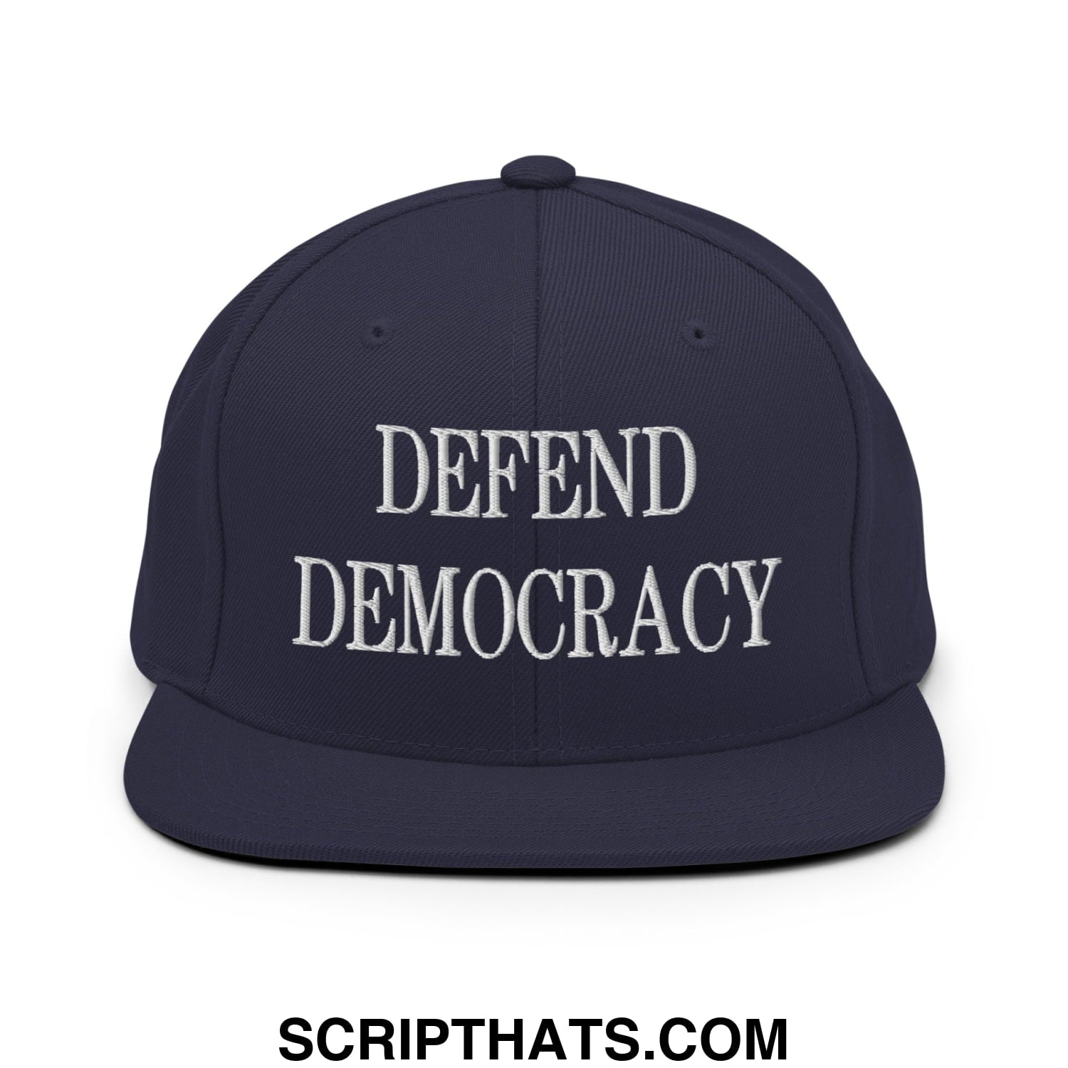 Defend Democracy Embroidered Flat Bill Brim Snapback Hat Navy