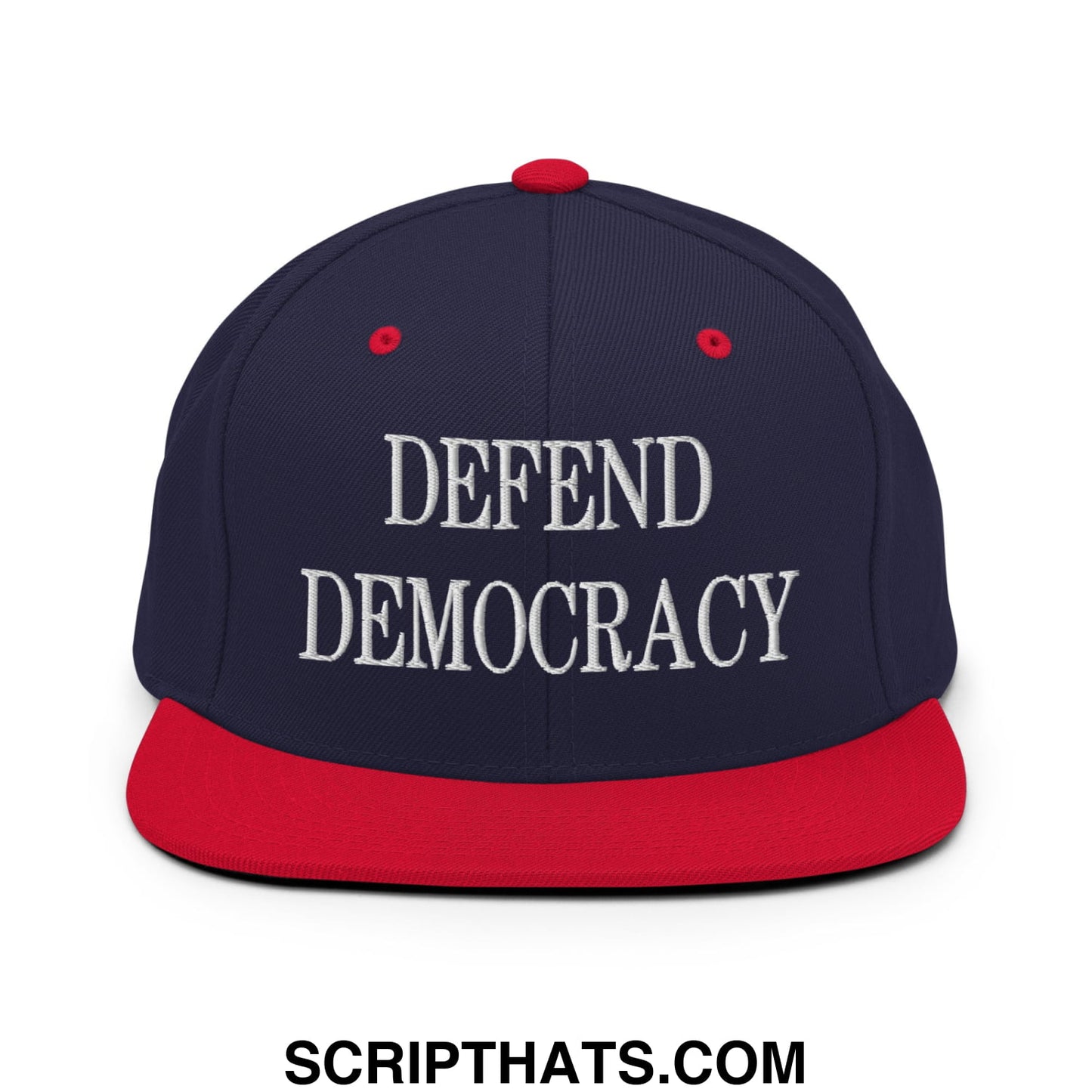 Defend Democracy Embroidered Flat Bill Brim Snapback Hat Navy Red