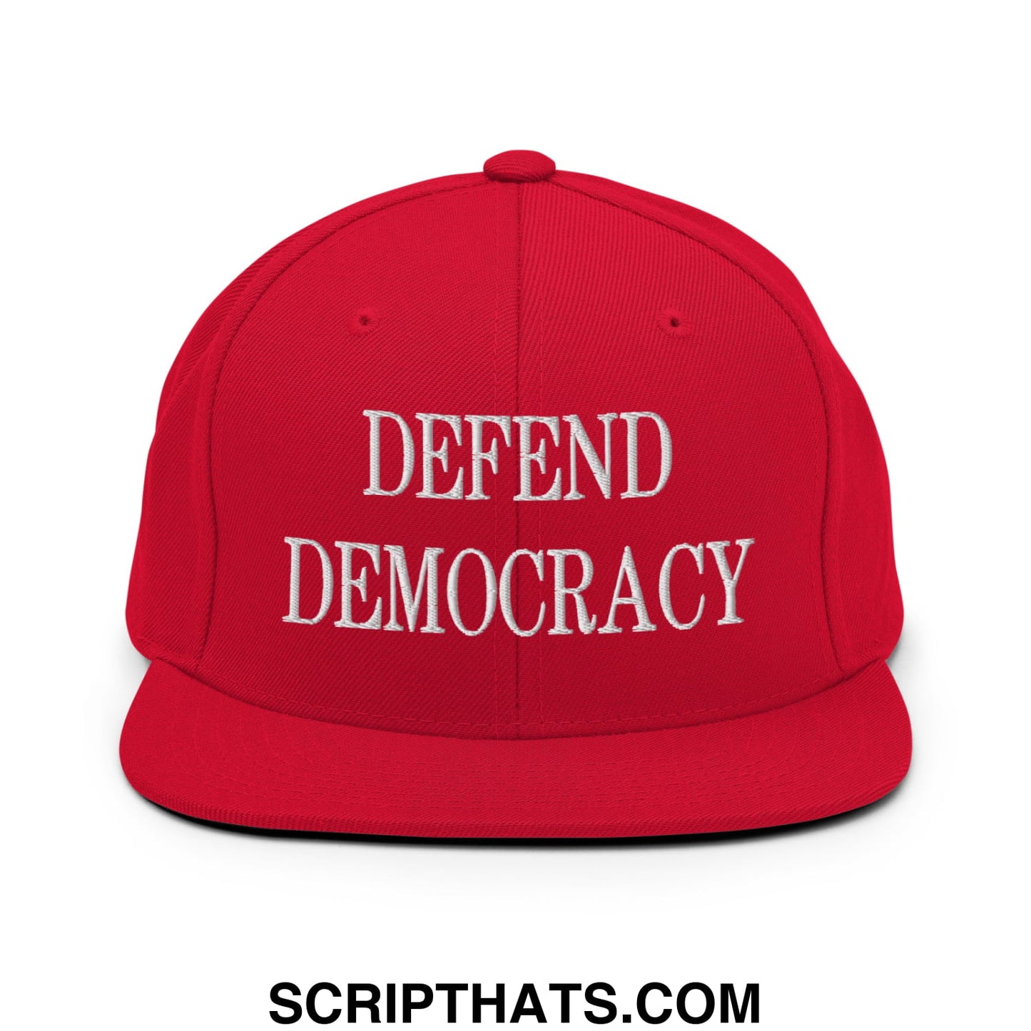 Defend Democracy Embroidered Flat Bill Brim Snapback Hat Red