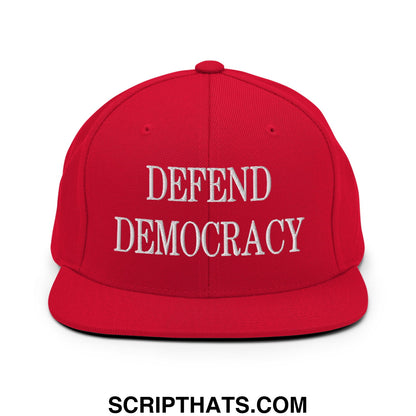 Defend Democracy Embroidered Flat Bill Brim Snapback Hat Red