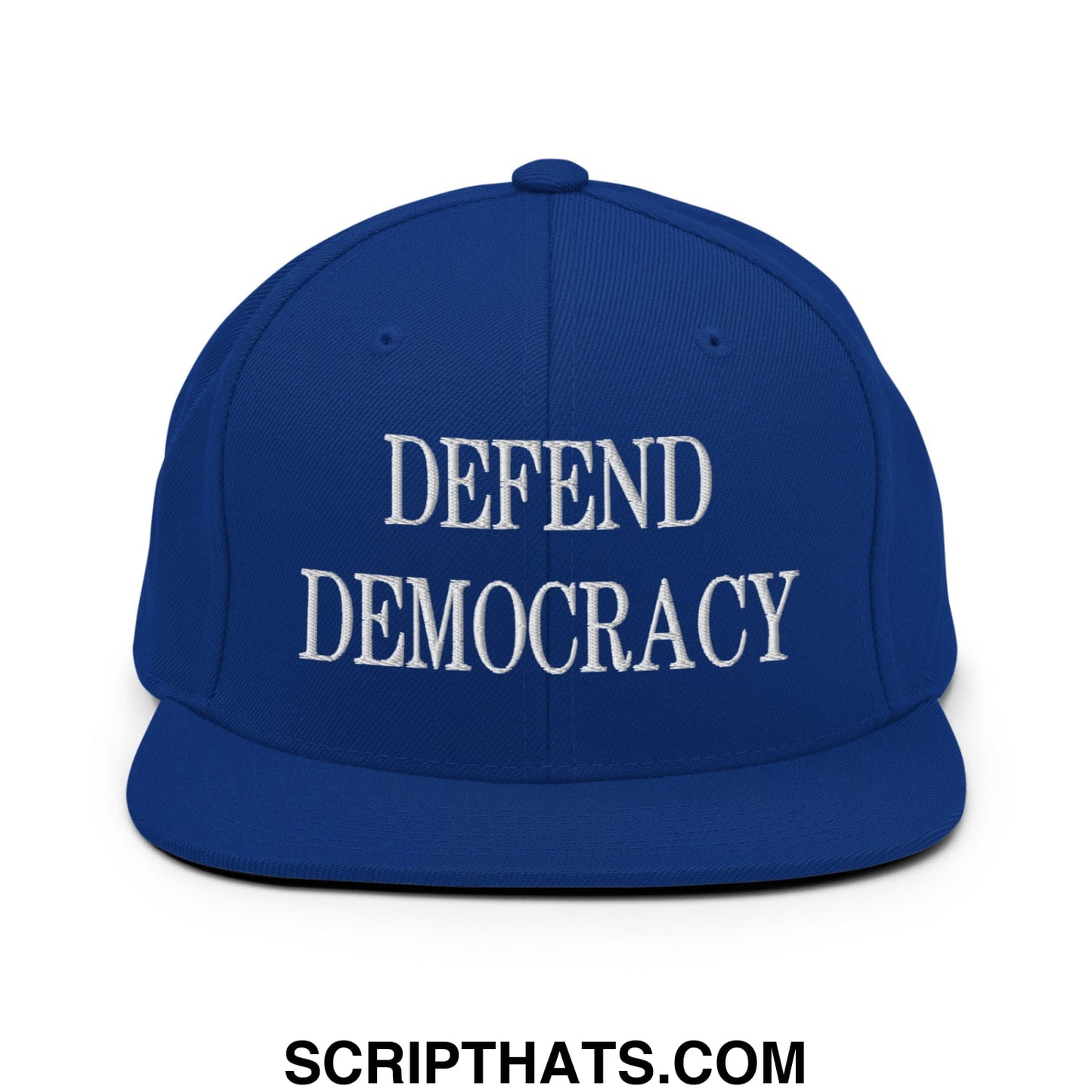 Defend Democracy Embroidered Flat Bill Brim Snapback Hat Royal Blue