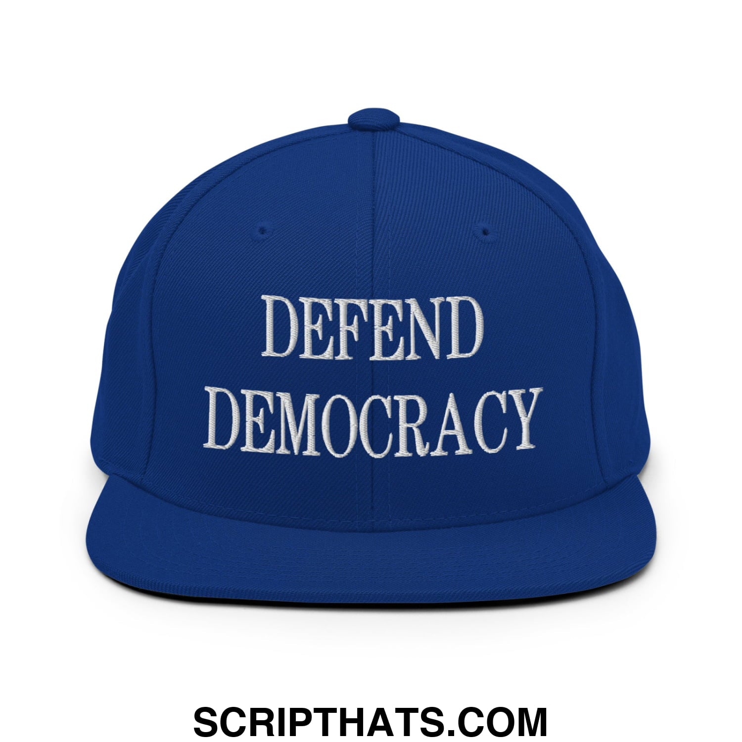 Defend Democracy Embroidered Flat Bill Brim Snapback Hat Royal Blue