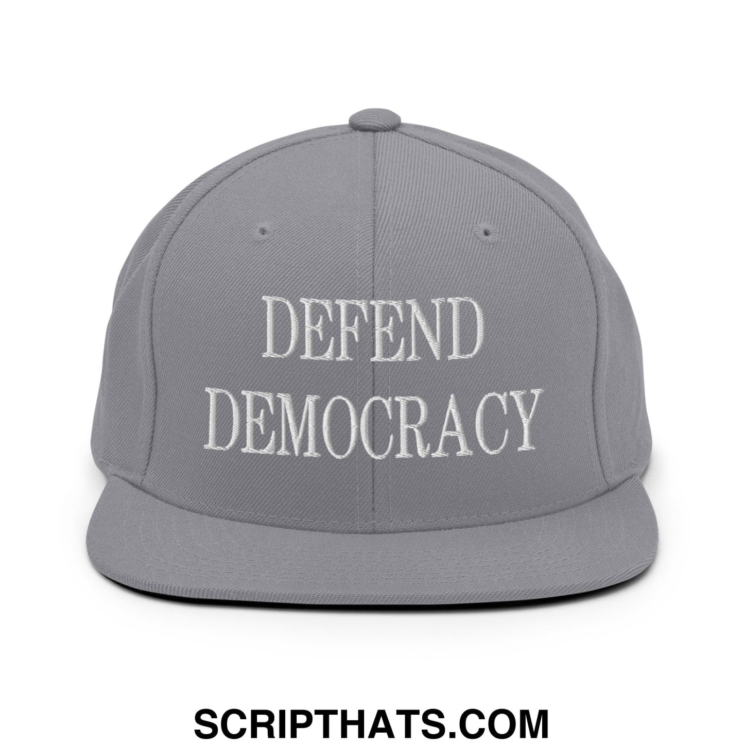 Defend Democracy Embroidered Flat Bill Brim Snapback Hat Silver