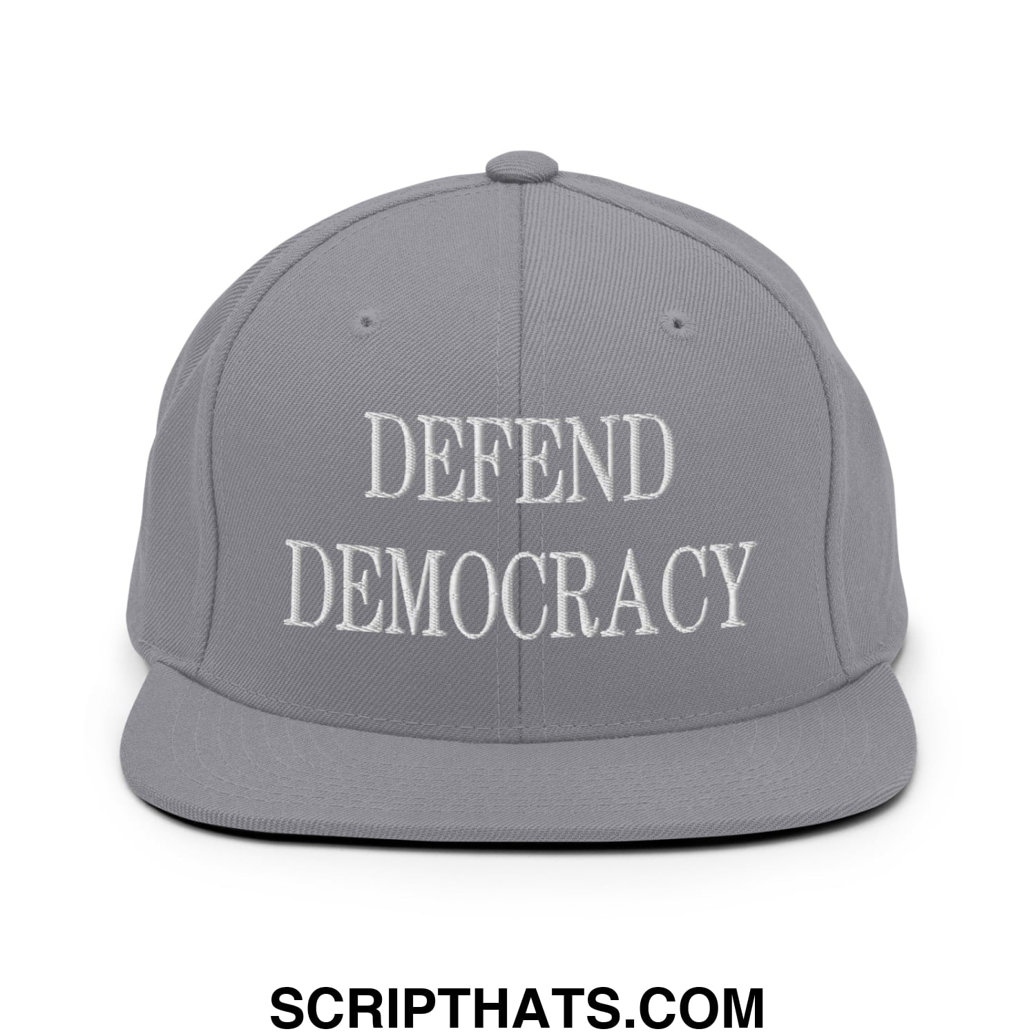 Defend Democracy Embroidered Flat Bill Brim Snapback Hat Silver