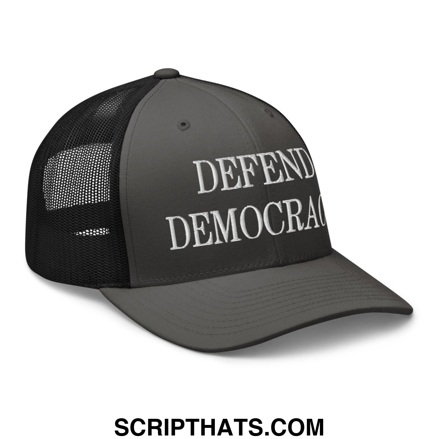 Defend Democracy Embroidered Mesh Trucker Hat Charcoal Black
