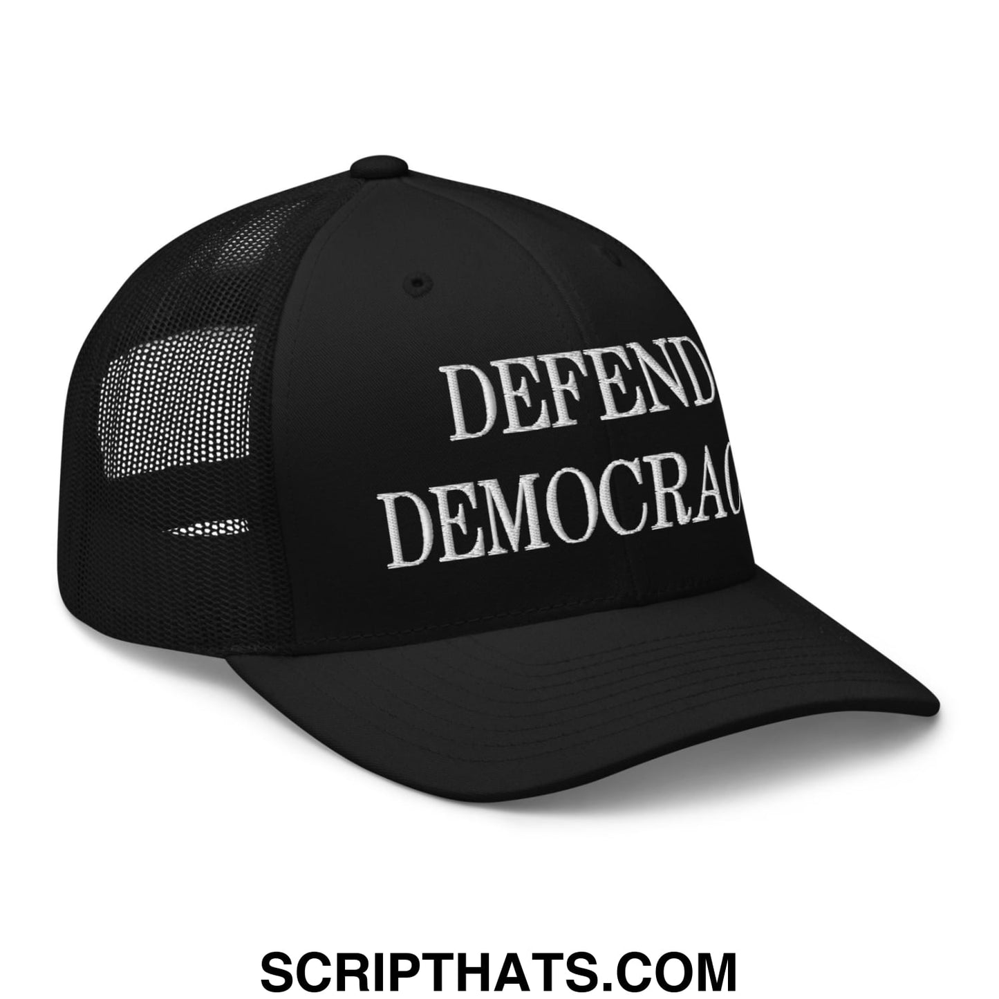 Defend Democracy Embroidered Mesh Trucker Hat Black