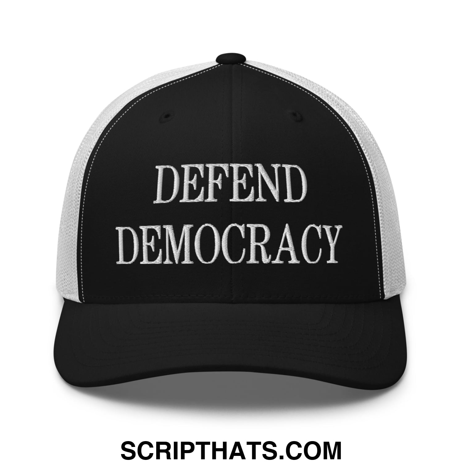 Defend Democracy Embroidered Mesh Trucker Hat Black White
