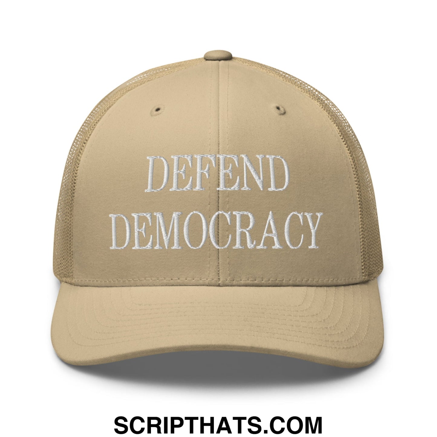 Defend Democracy Embroidered Mesh Trucker Hat Khaki