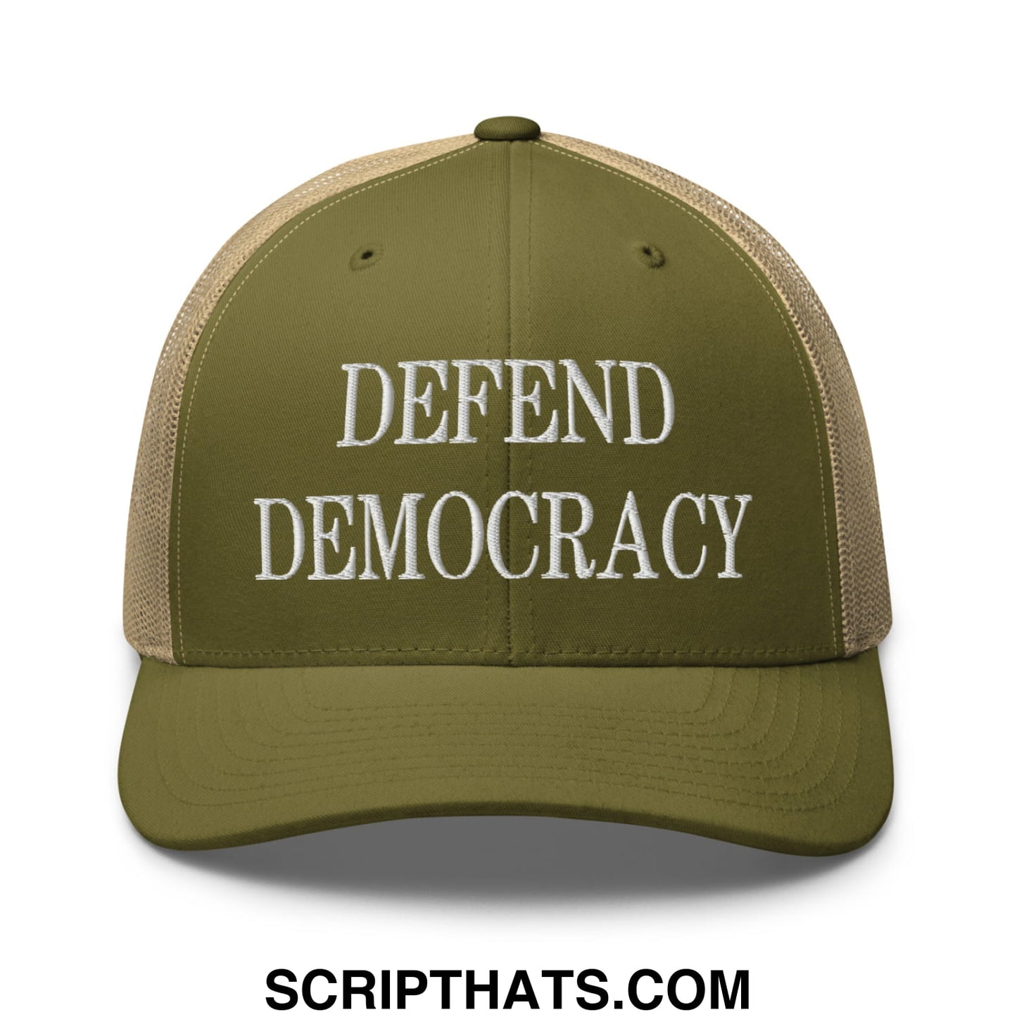 Defend Democracy Embroidered Mesh Trucker Hat Moss Khaki