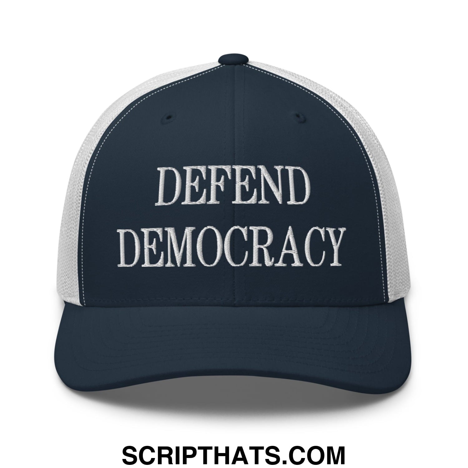 Defend Democracy Embroidered Mesh Trucker Hat Navy White