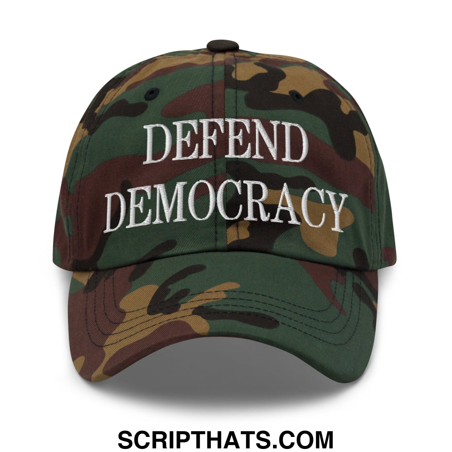 Defend Democracy Embroidered Unstructured Dad Hat Green Camo
