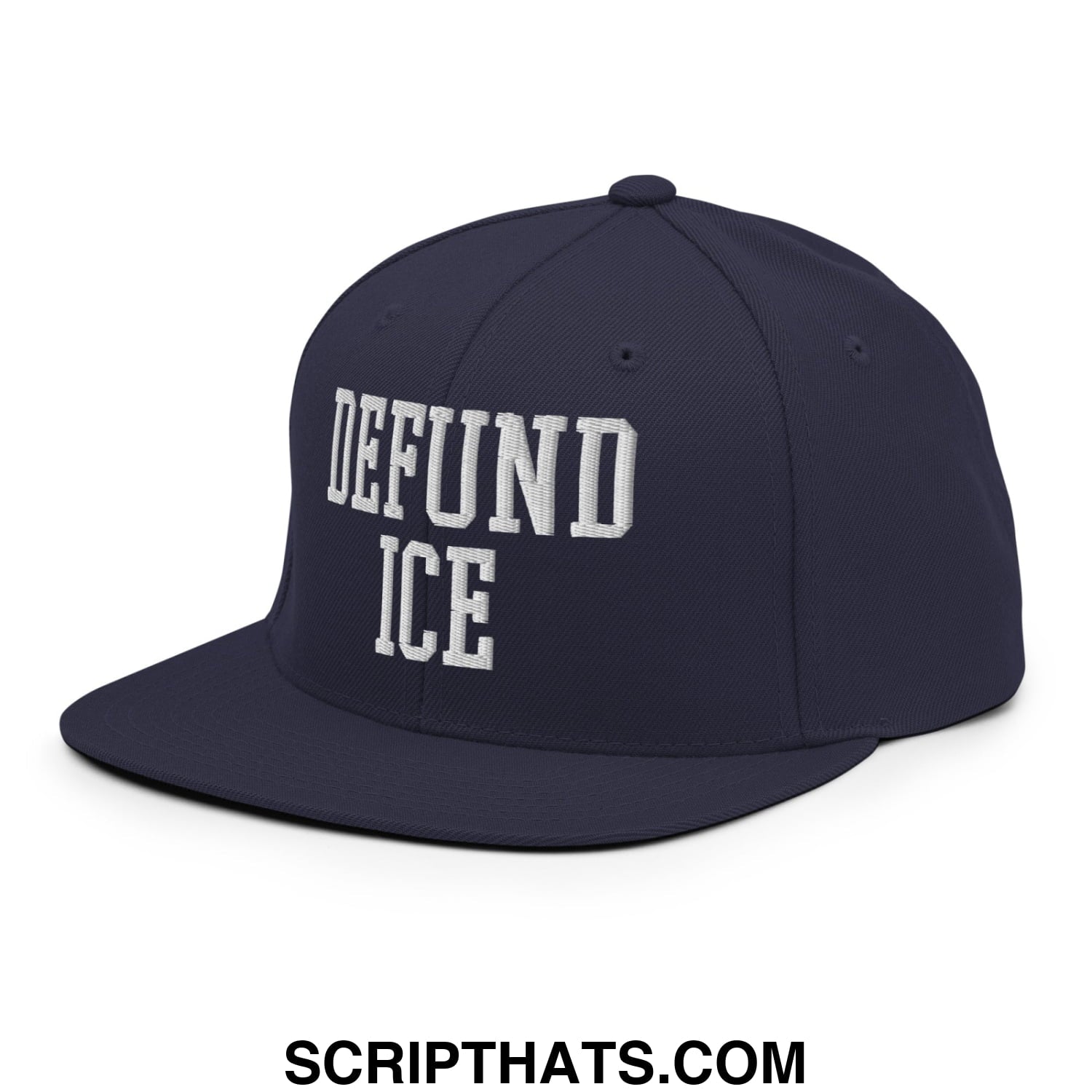 Navy blue snapback hat with white embroidered defund ice text and flat bill brim for casual wear
