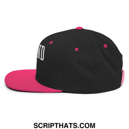 Black snapback hat with vibrant pink brim and button and white defund ICE embroidered lettering on the side