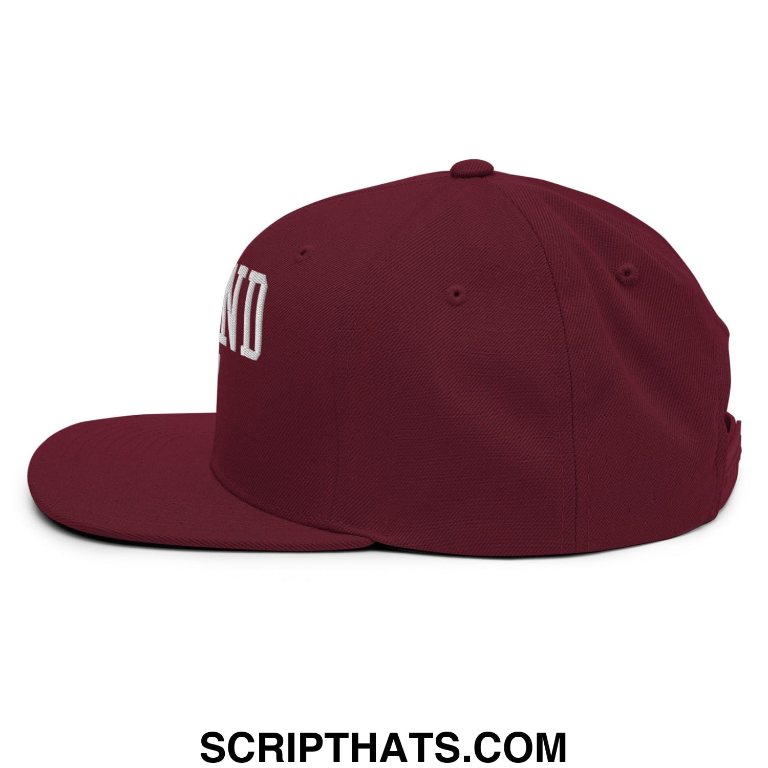 Maroon defund ice snapback hat with white embroidered lettering on the side and flat bill brim