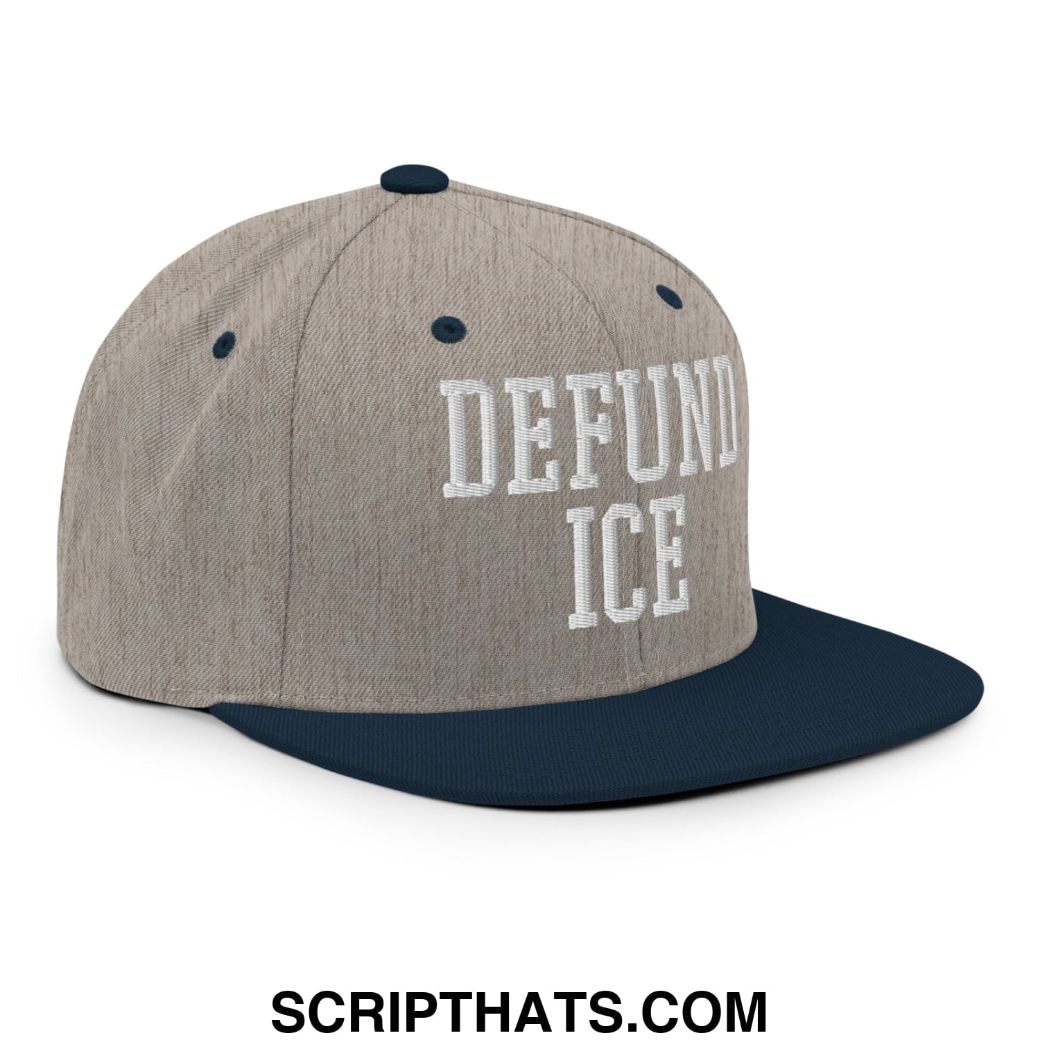 Gray and navy blue snapback hat with white embroidered defund ice text and flat bill brim design