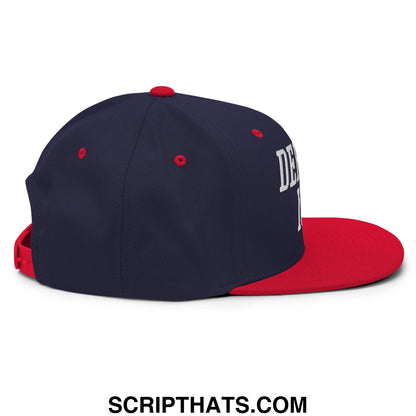 Navy blue and red snapback cap with white embroidered defund ice lettering and flat bill brim