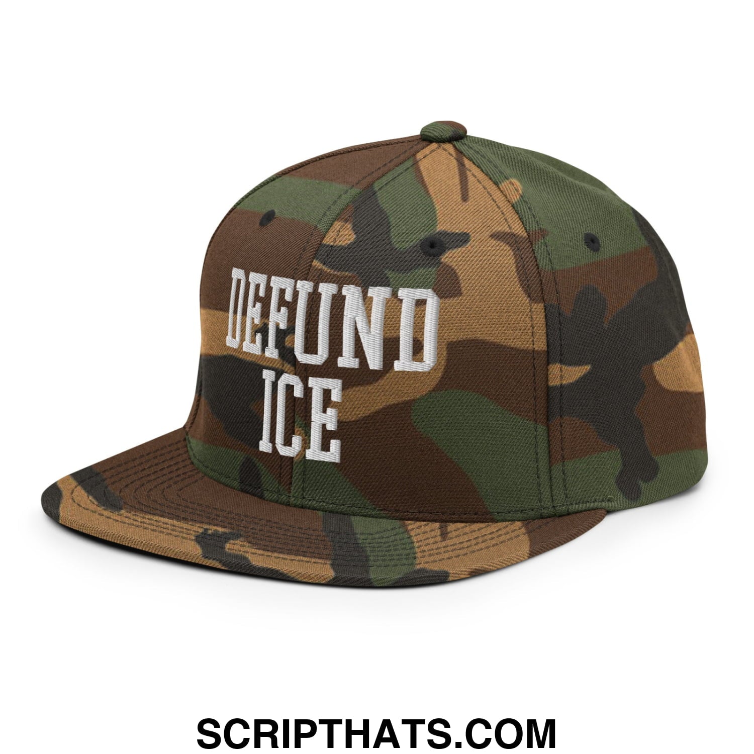 A camouflage snapback hat with defund ice embroidered in white on a flat bill brim for casual wear
