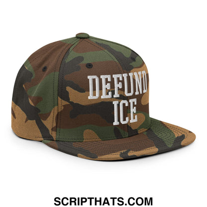 Camouflage-patterned snapback hat with white embroidered defund ice text and flat bill brim
