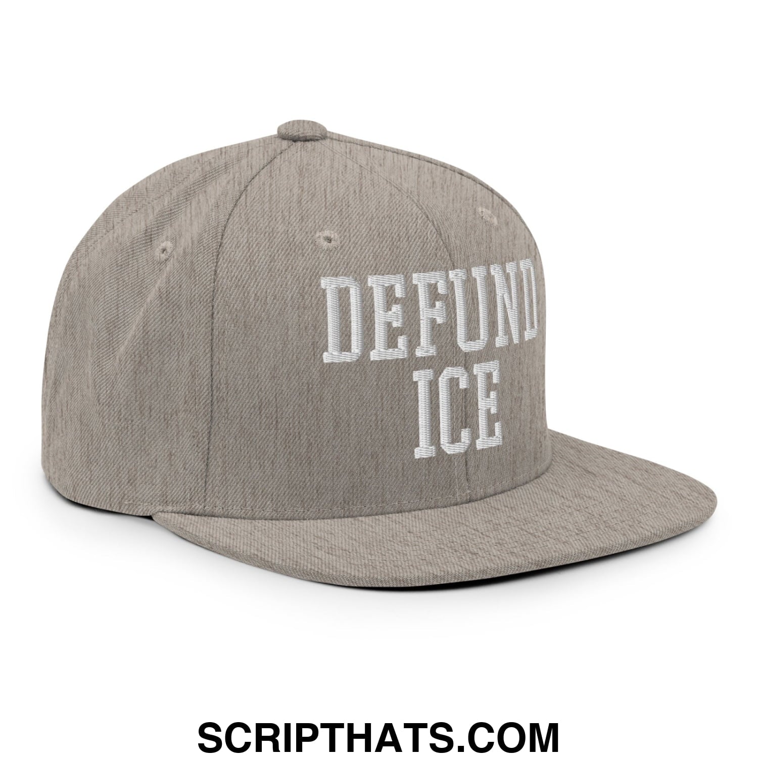 Gray snapback hat with white embroidered defund ice text on a flat bill brim for casual wear