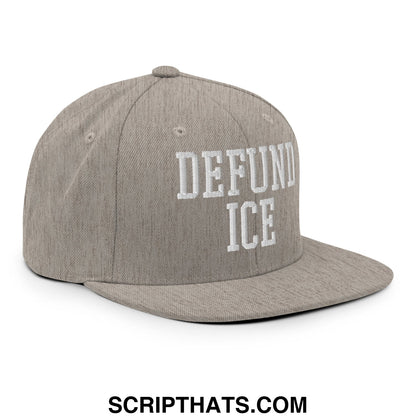 Gray snapback hat with white embroidered defund ice text on a flat bill brim for casual wear