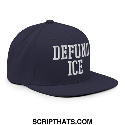 Navy blue snapback cap with white embroidered defund ice text and flat bill brim for casual wear