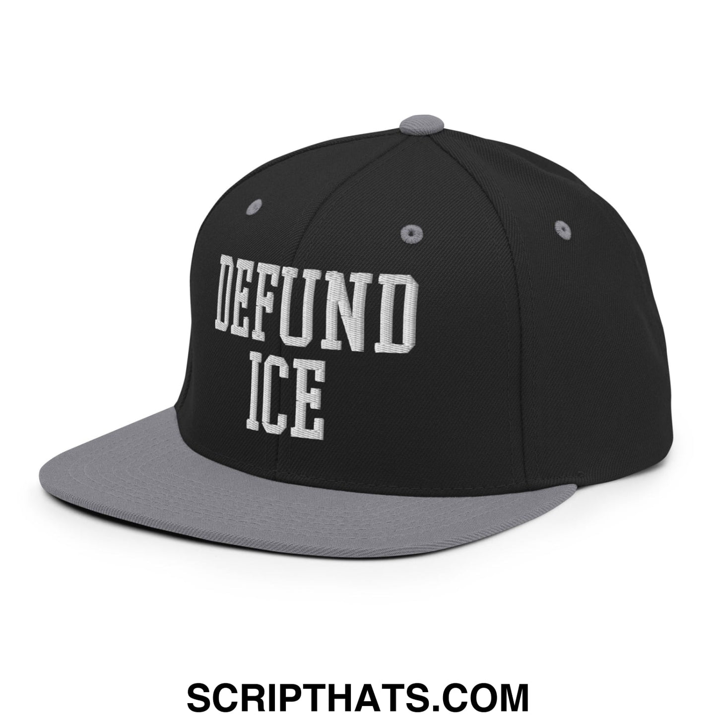 Black and gray snapback cap with white embroidered defund ICE text and flat bill brim for casual wear
