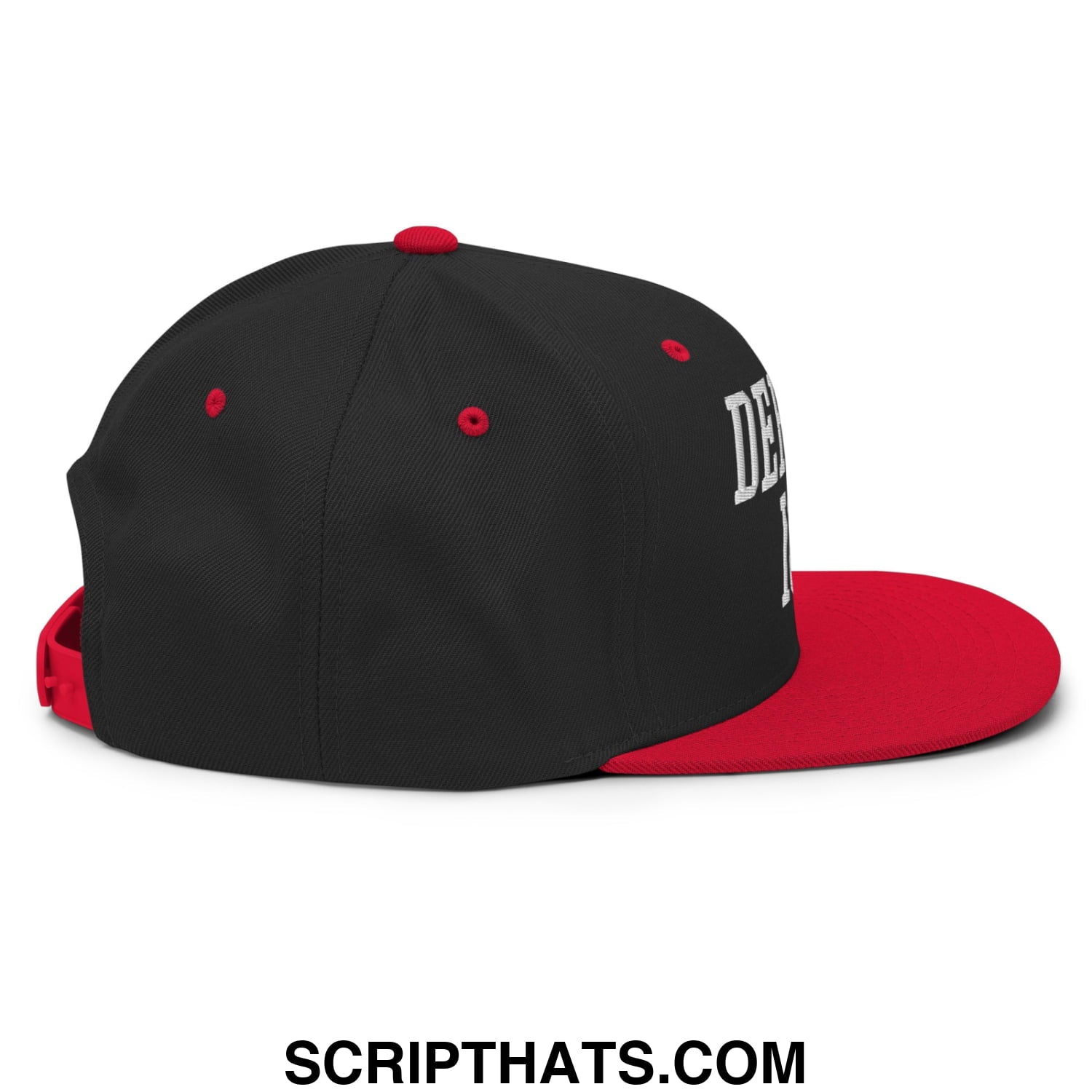 Black and red snapback cap with white embroidered defund ICE lettering on the side flat bill brim hat