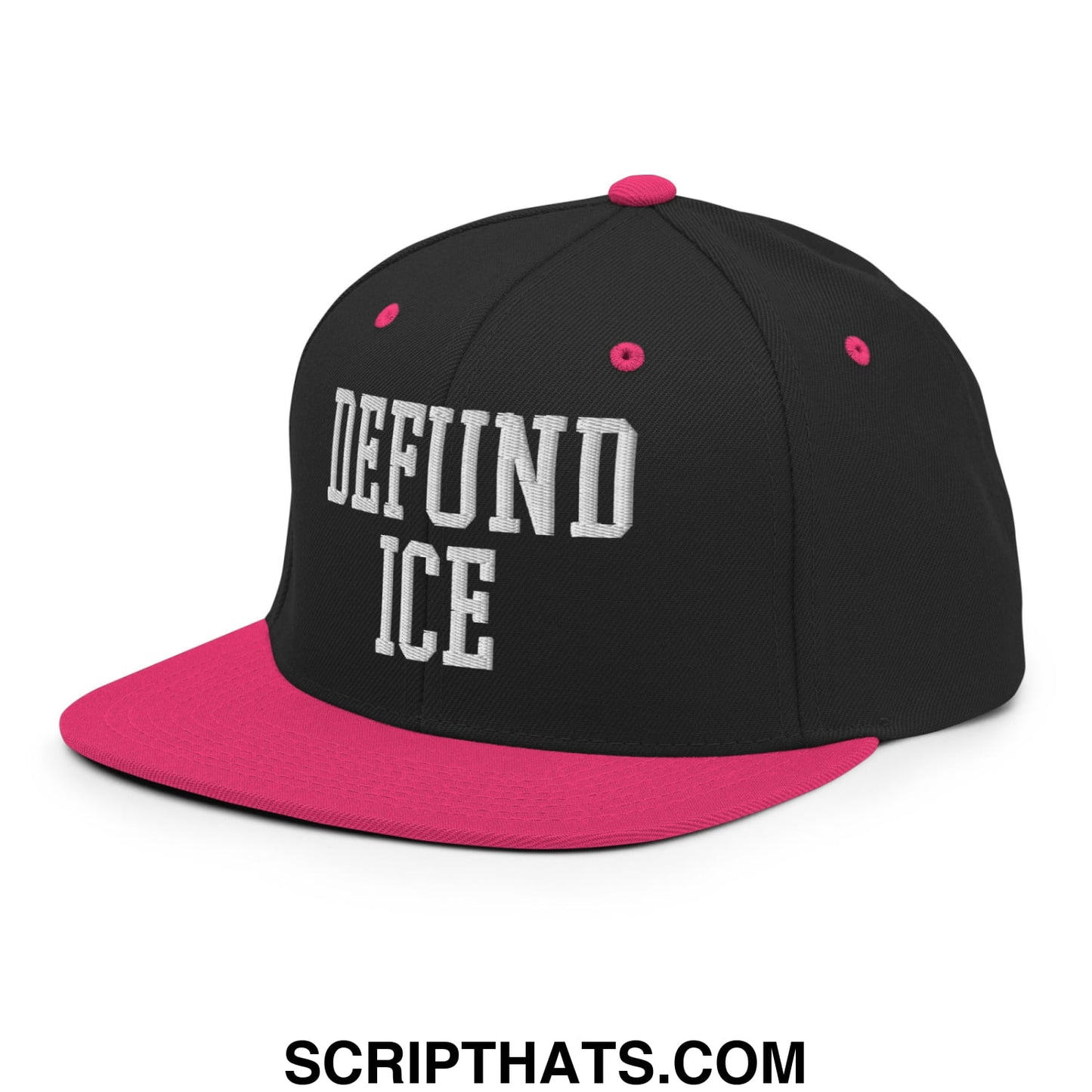 Black and pink snapback hat with white embroidered defund ice text and flat bill brim design