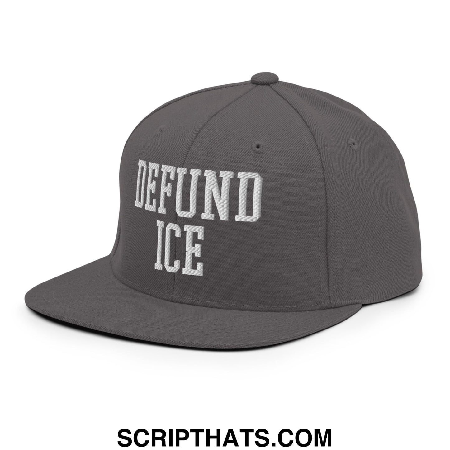 Gray snapback hat with white embroidered defund ice text and flat bill brim for casual wear