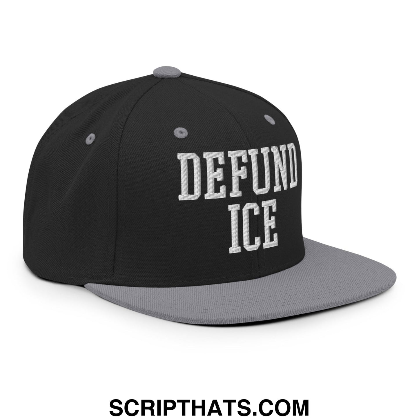 Black and gray snapback hat with white embroidered defund ice text and flat bill brim made of durable fabric