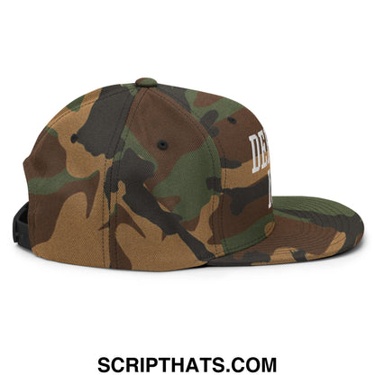 Camouflage snapback cap with white embroidered defund ice lettering and flat bill brim in cotton material