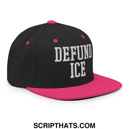 Black snapback cap with vibrant pink brim and white embroidered defund ice lettering flat bill brim hat