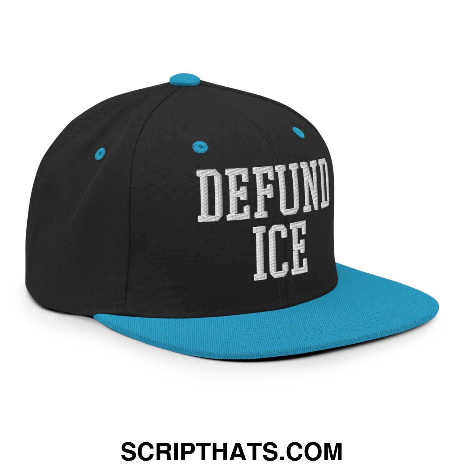 Black snapback hat with teal brim and button, featuring white embroidered defund ice lettering in bold collegiate font